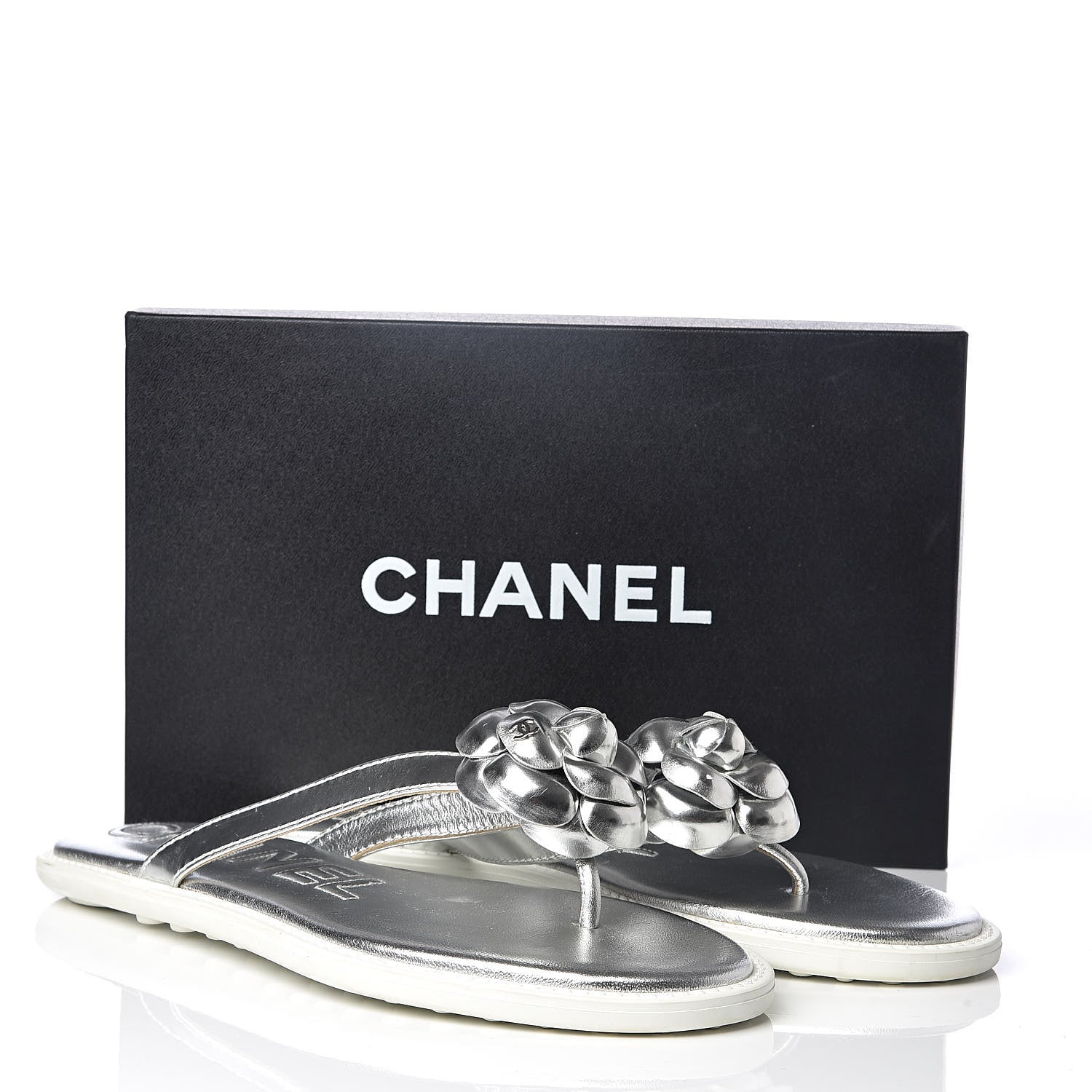 Chanel Iridescent Patent Calfskin Camellia Thong Sandals 41 Silver 8 of 8