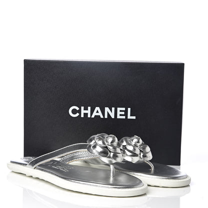 Chanel Iridescent Patent Calfskin Camellia Thong Sandals 41 Silver 8 of 8