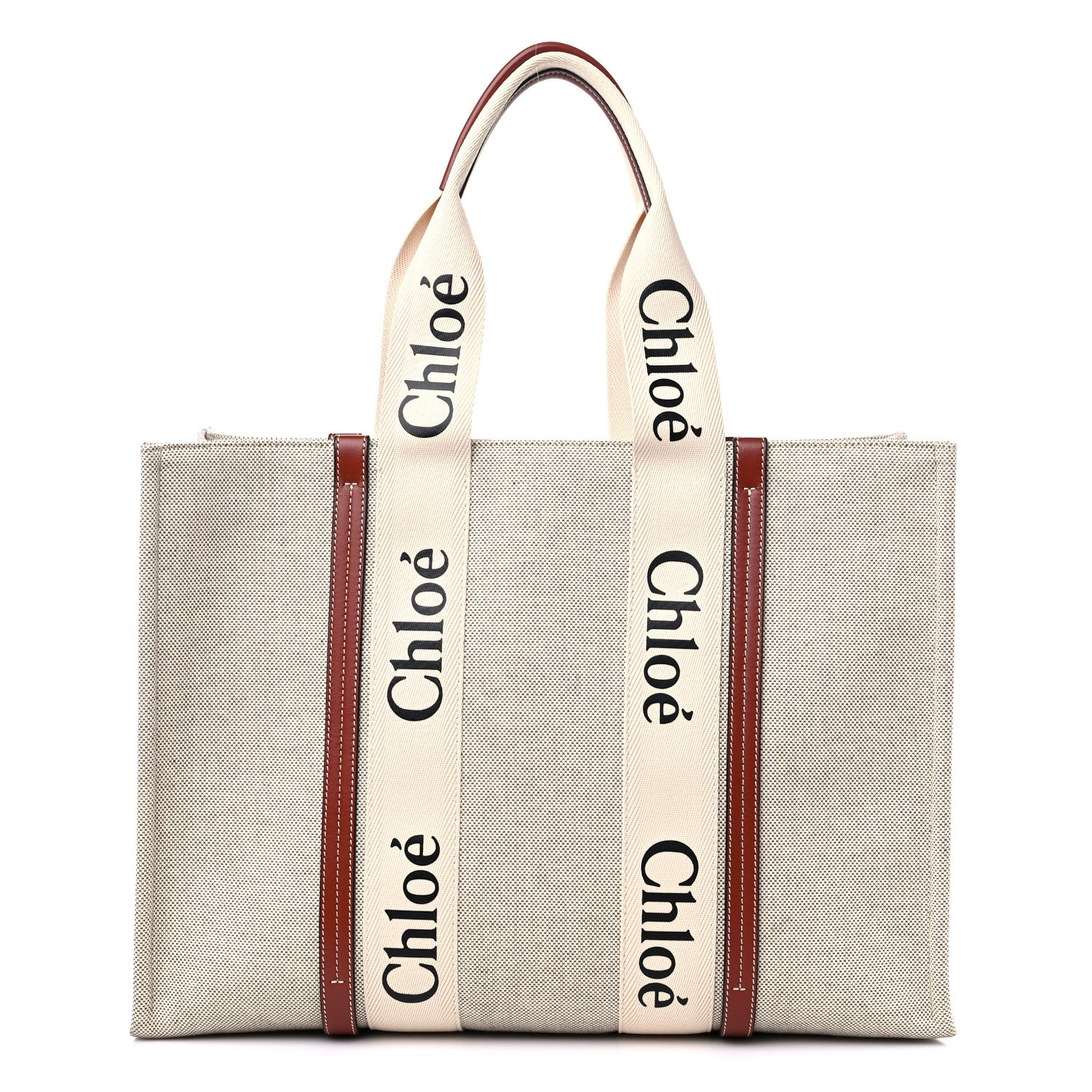 Chloe Cotton Calfskin Large Woody Ribbon Tote White Brown 1 of 10