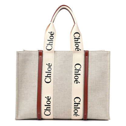 Chloe Cotton Calfskin Large Woody Ribbon Tote White Brown 1 of 10