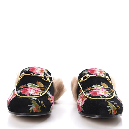 Gucci Velvet Fur Floral Womens Princetown Slippers 38 Black 2 of 9