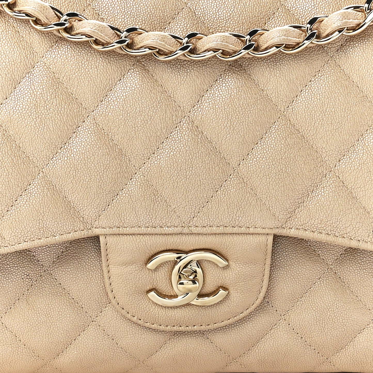 Iridescent Caviar Quilted Jumbo Double Flap Beige