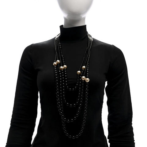 Ruthenium Resin Graduated Beaded Pearl CC Multi Strand Long Necklace Black