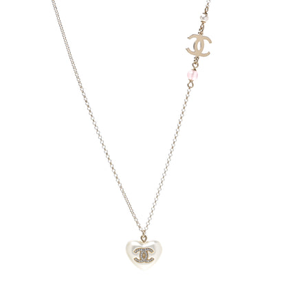 Chanel Resin Crystal CC Heart Necklace Pearly White Gold 1 of 5