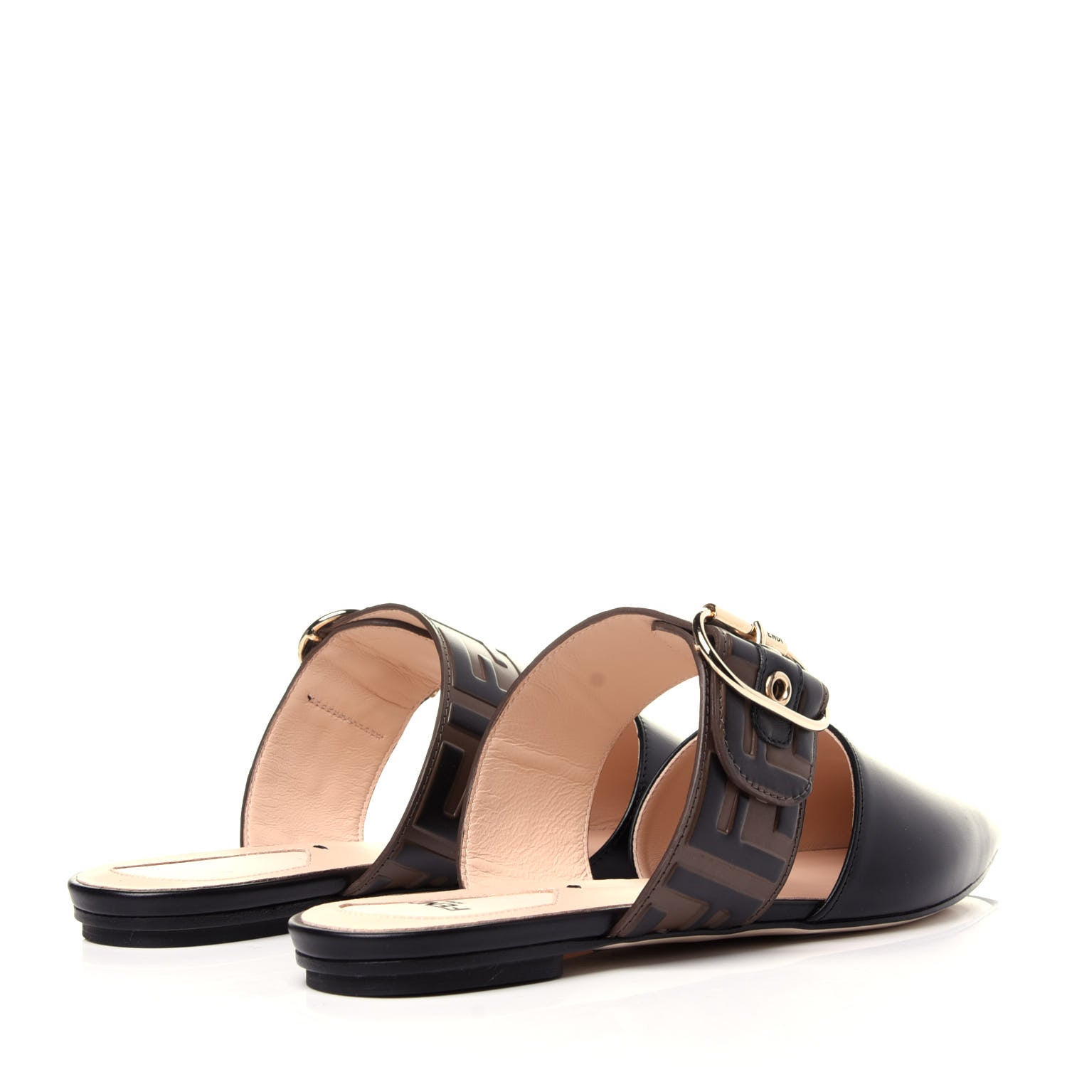 Fendi Vitello FF Embossed Buckle Flat Mules 37.5 Maya Black 4 of 10