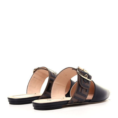 Fendi Vitello FF Embossed Buckle Flat Mules 37.5 Maya Black 4 of 10