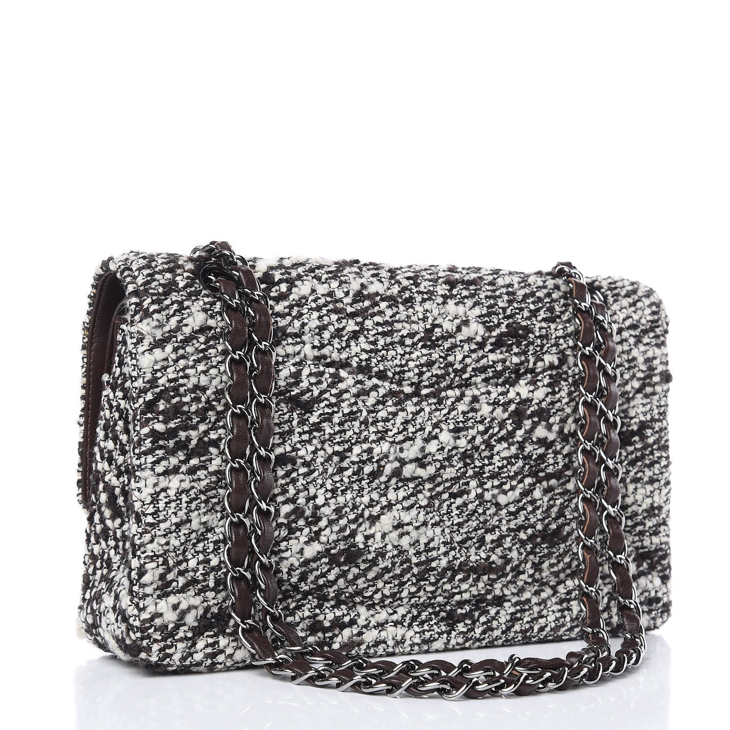 Tweed Quilted Medium Double Flap White Brown