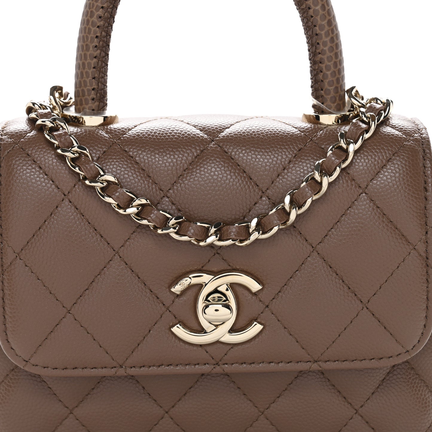 Caviar Lizard Embossed Quilted Coco Handle Clutch With Chain Brown