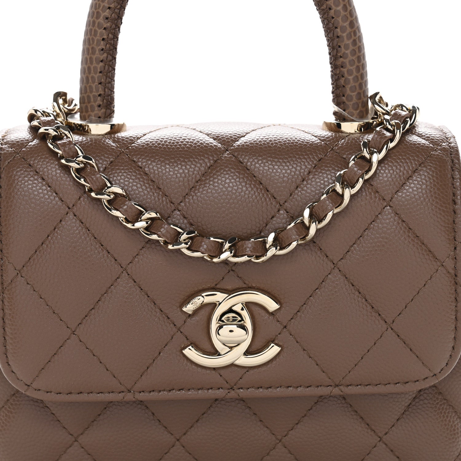 Chanel Caviar Lizard Embossed Quilted Coco Handle Clutch With Chain Brown 8 of 11
