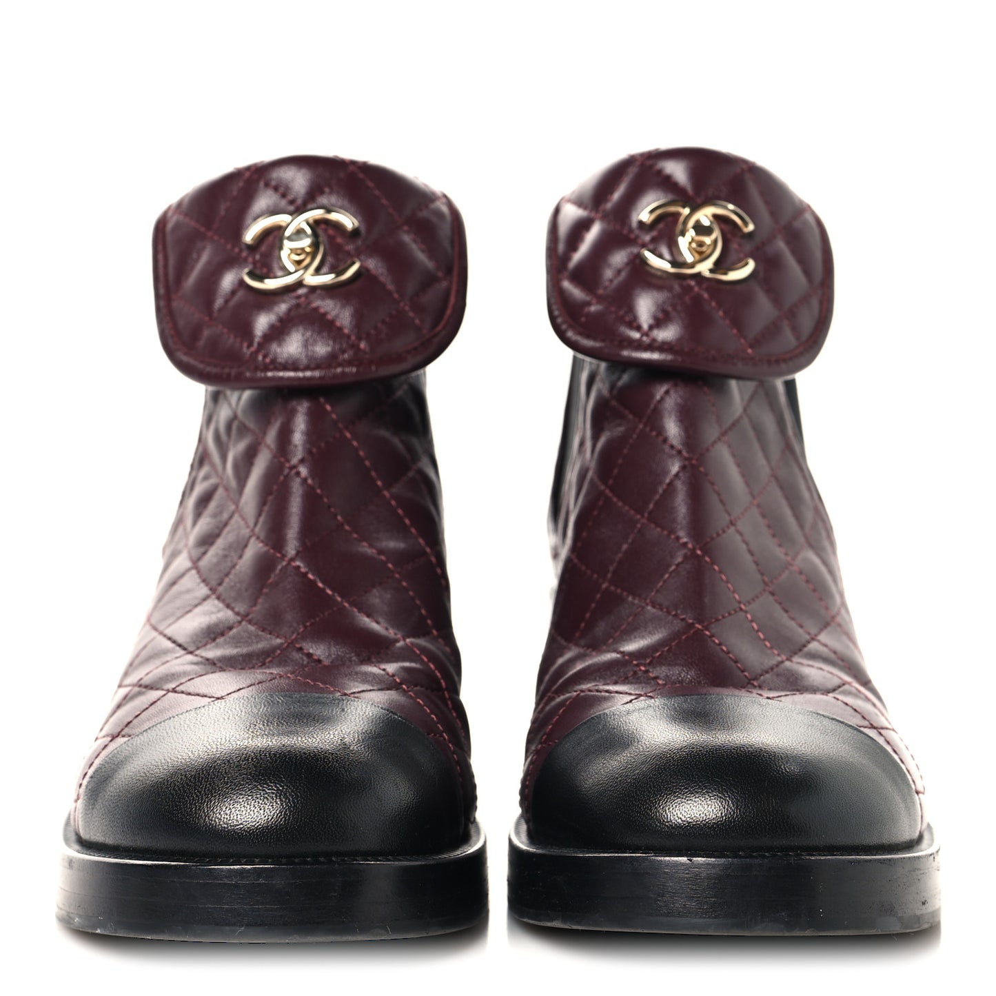 Lambskin Quilted Cap Toe CC Turnlock Booties 41 Burgundy Black