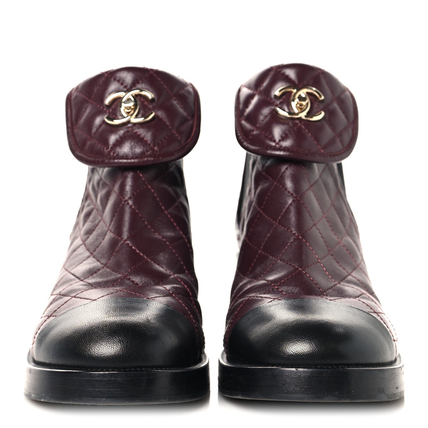 Chanel Lambskin Quilted Cap Toe CC Turnlock Booties 41 Burgundy Black 3 of 8