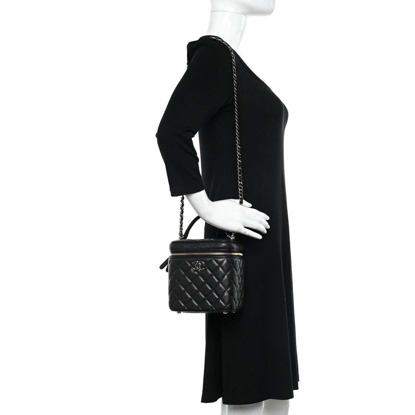 Caviar Quilted Small Top Handle Vanity Case With Chain Black