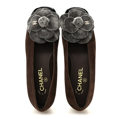 Chanel Suede Patent Cap Toe Camellia Ballerina Flats 37 Marron Gris 2 of 9