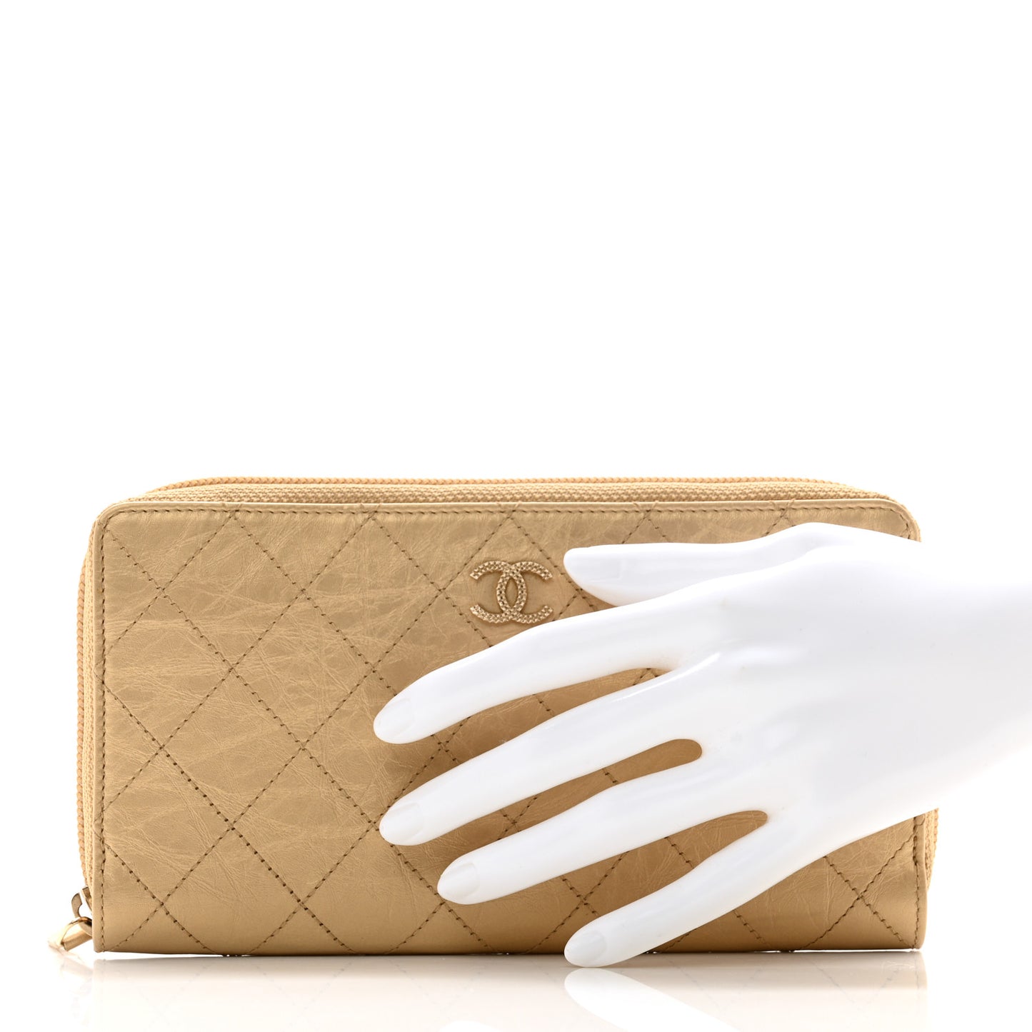 Metallic Aged Calfskin Quilted Palette Gusset Zip Around Wallet Gold