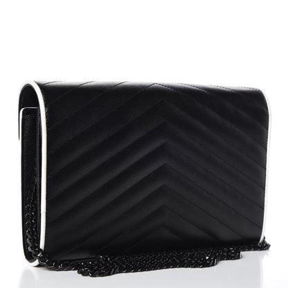 Saint Laurent Grain De Poudre Matelasse Chevron Monogram Chain Wallet Black White 3 of 8