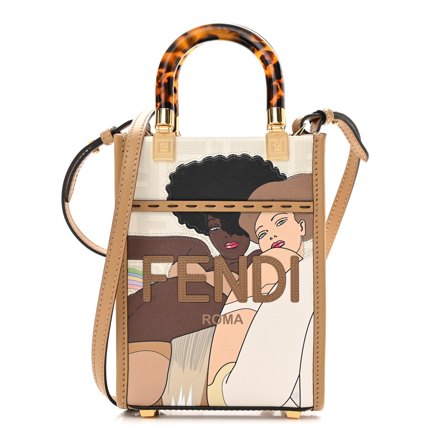 Glazed Fabric Plexiglass FF Logo Bikini Girls Mini Fendi Sunshine Shopper Tote Bianco Perla Multicolor Miele Scuro