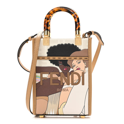 Fendi Glazed Fabric Plexiglass FF Logo Bikini Girls Mini Fendi Sunshine Shopper Tote Bianco Perla Multicolor Miele Scuro 1 of 11