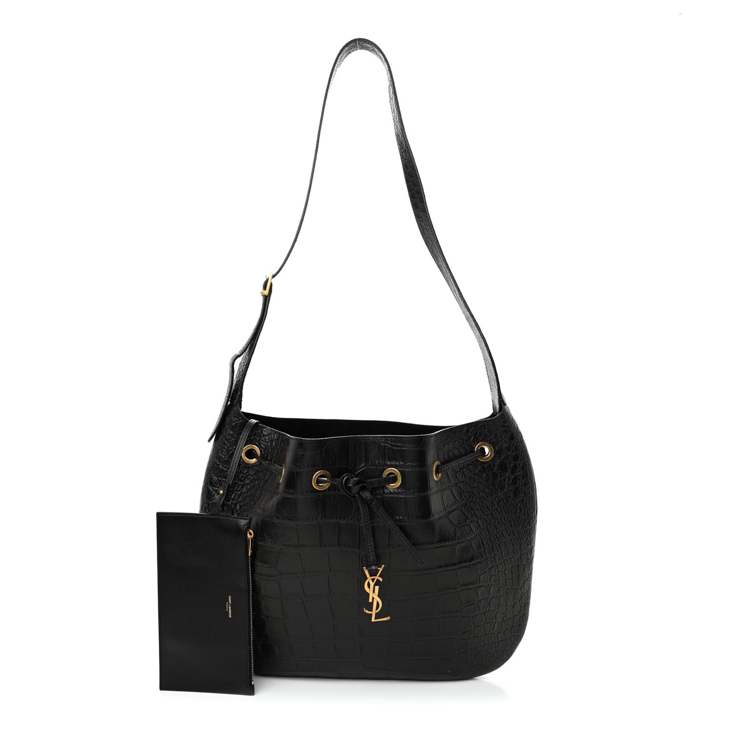 Calfskin Crocodile Embossed Paris VII Large Flat Hobo Black