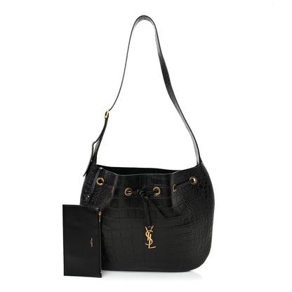 Saint Laurent Calfskin Crocodile Embossed Paris VII Large Flat Hobo Black 3 of 11