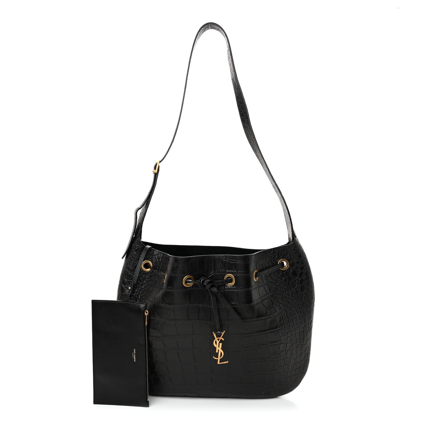 Saint Laurent Calfskin Crocodile Embossed Paris VII Large Flat Hobo Black 3 of 11