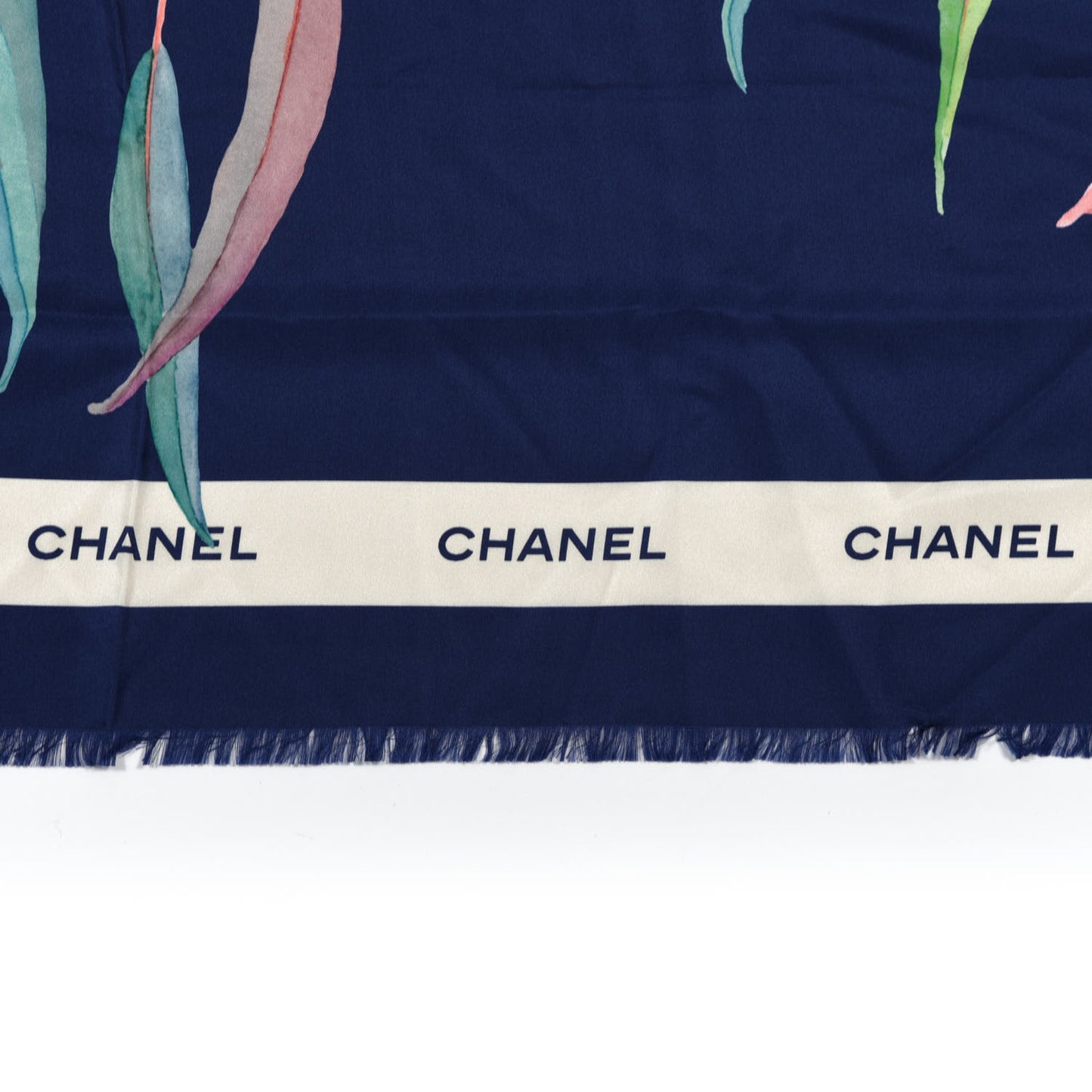 Silk CC Logo Floral Fringe Scarf Navy Blue