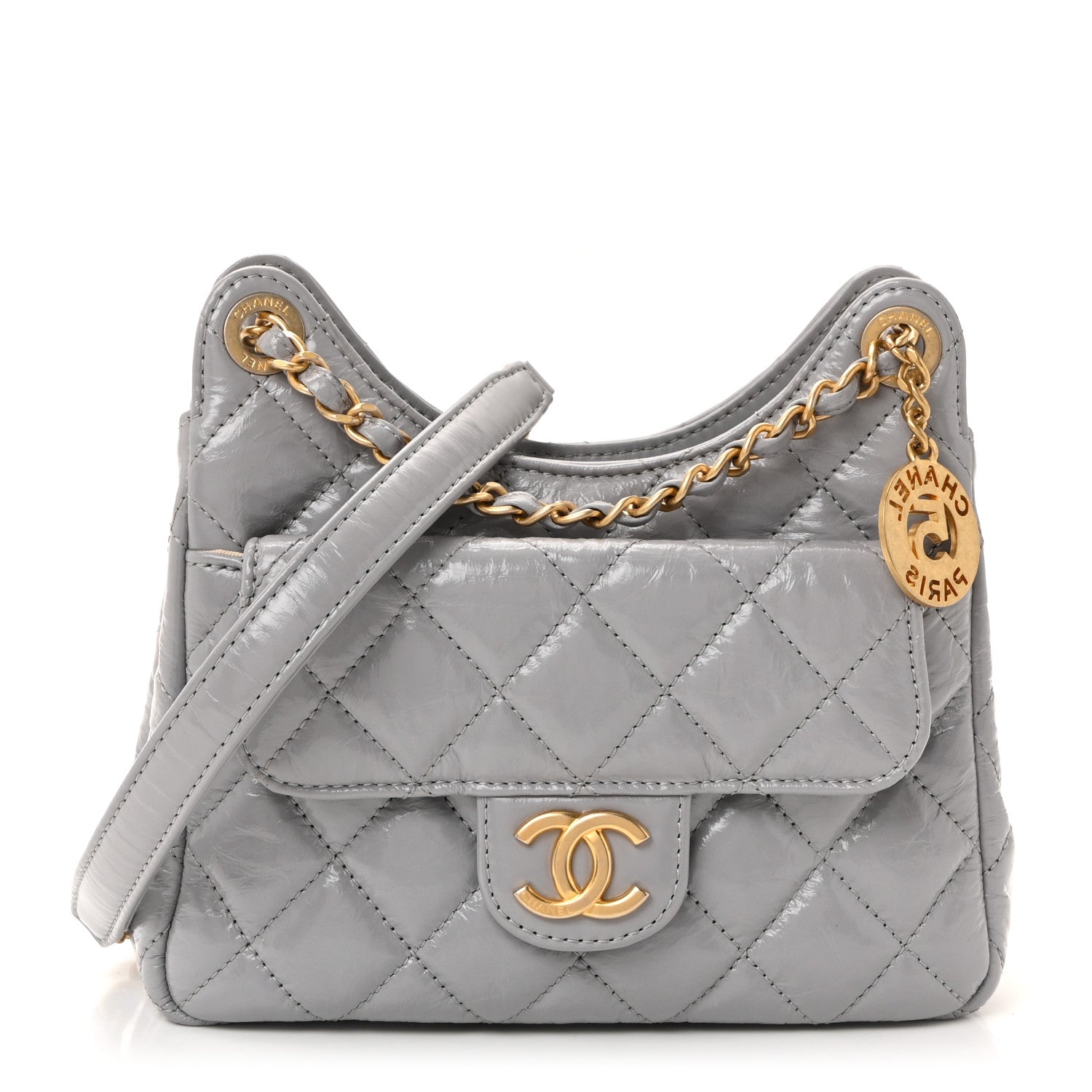 Chanel Shiny Crumpled Calfskin Quilted Small Wavy CC Hobo Grey 1 of 10