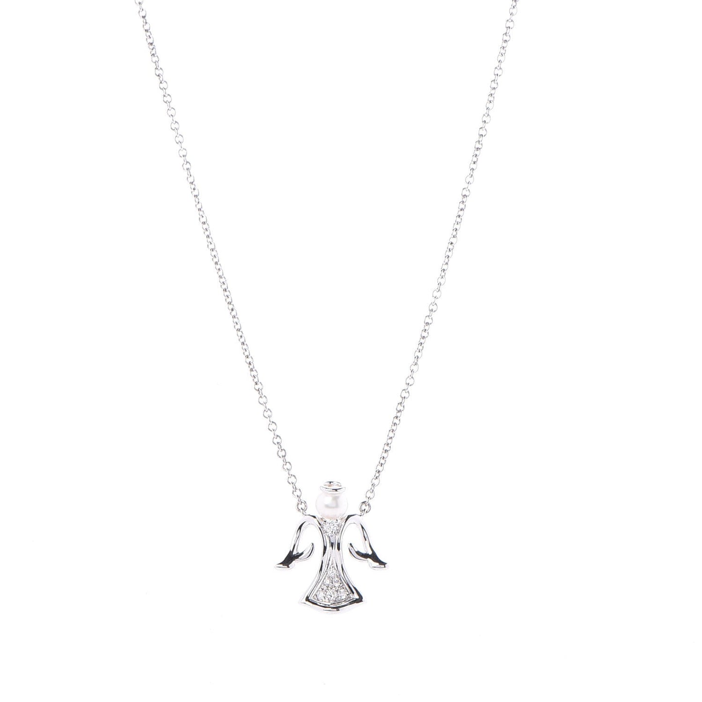 18K White Gold Diamond Akoya Pearl Angel Pendant Necklace