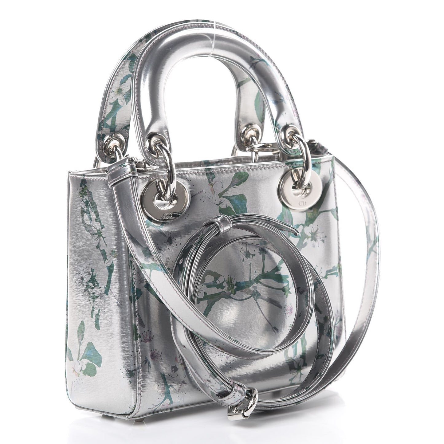 Metallic Calfskin Cherry Blossom Print Mini Lady Dior Silver