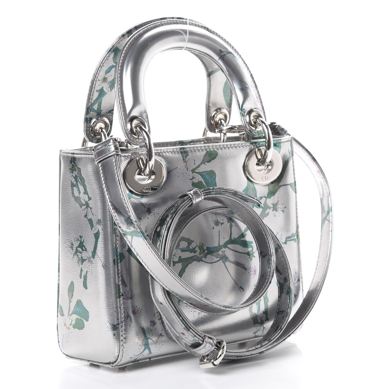Christian Dior Metallic Calfskin Cherry Blossom Print Mini Lady Dior Silver 2 of 9