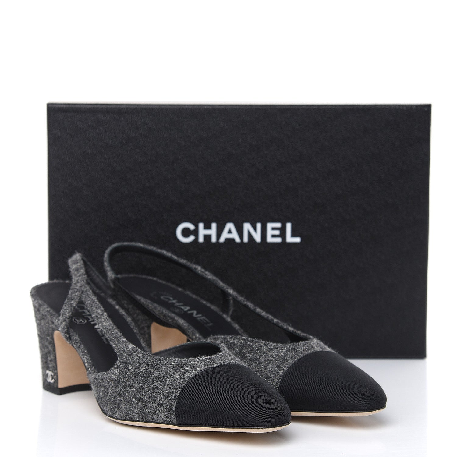 Chanel Tweed Grosgrain Cap Toe CC Slingback Pumps 40.5 Black Dark Grey 9 of 9