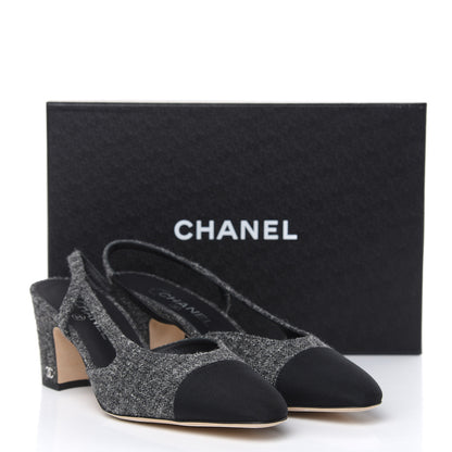 Chanel Tweed Grosgrain Cap Toe CC Slingback Pumps 40.5 Black Dark Grey 9 of 9