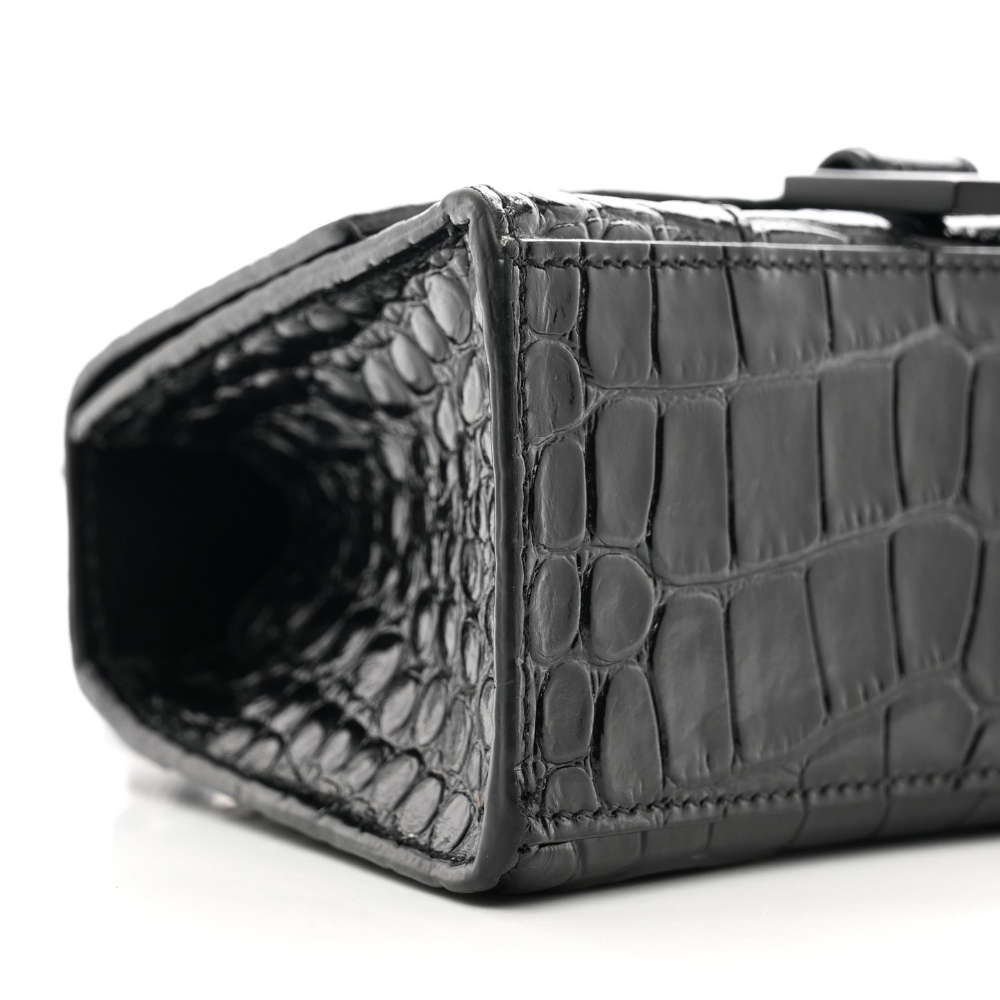 Shiny Calfskin Monochrome Crocodile Embossed Hourglass Top Handle Bag XS Black