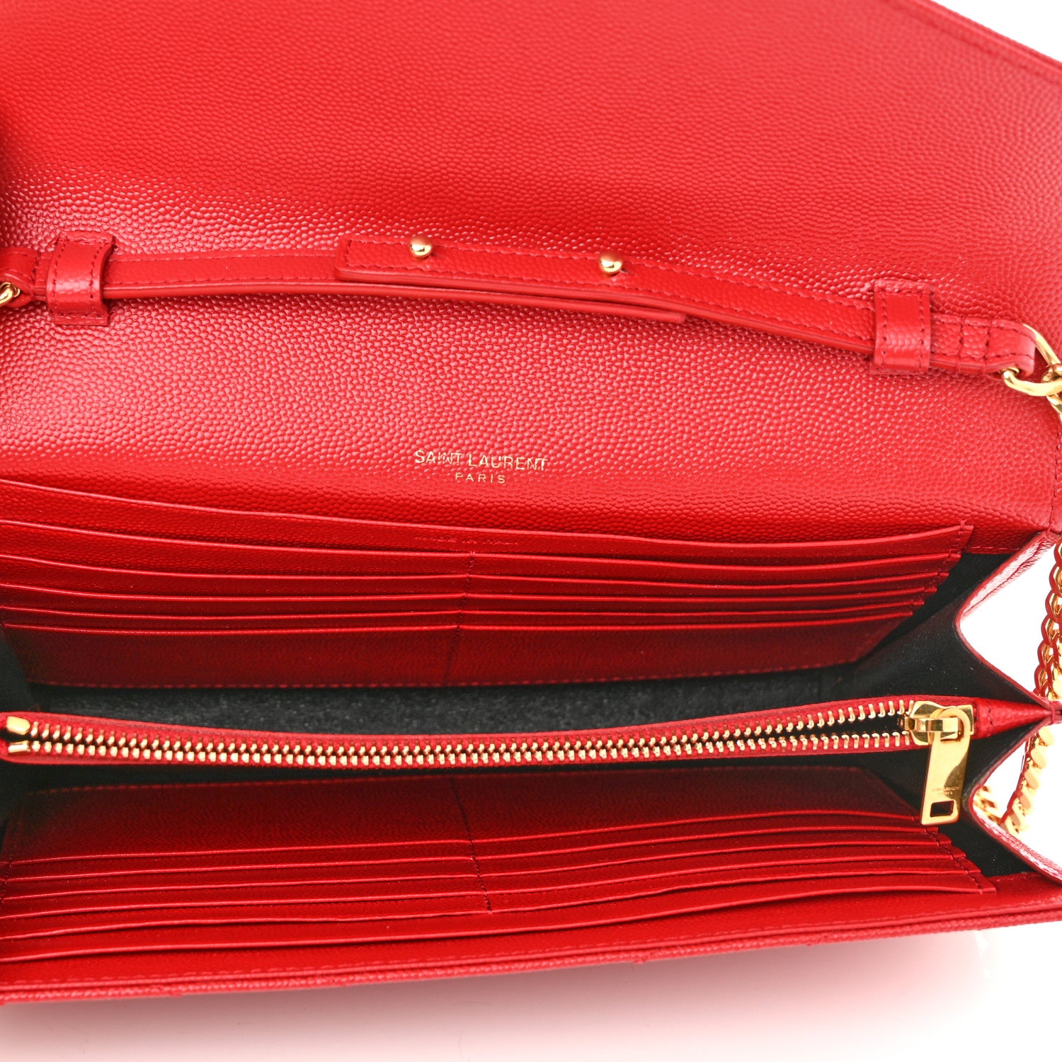 Saint Laurent Grain De Poudre Matelasse Chevron Monogram Chain Wallet New Red 5 of 10