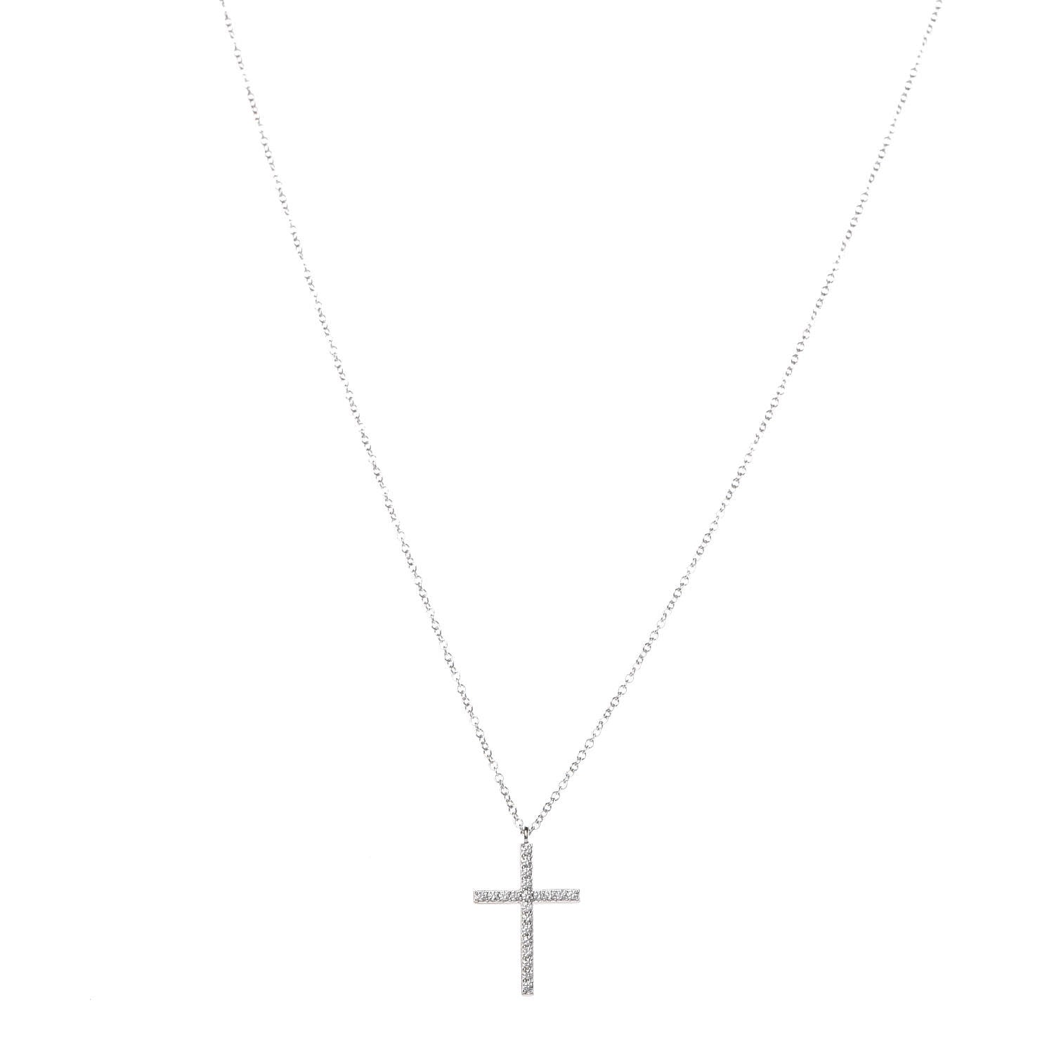 Tiffany 18K White Gold Diamond Medium Cross Pendant Necklace 1 of 6
