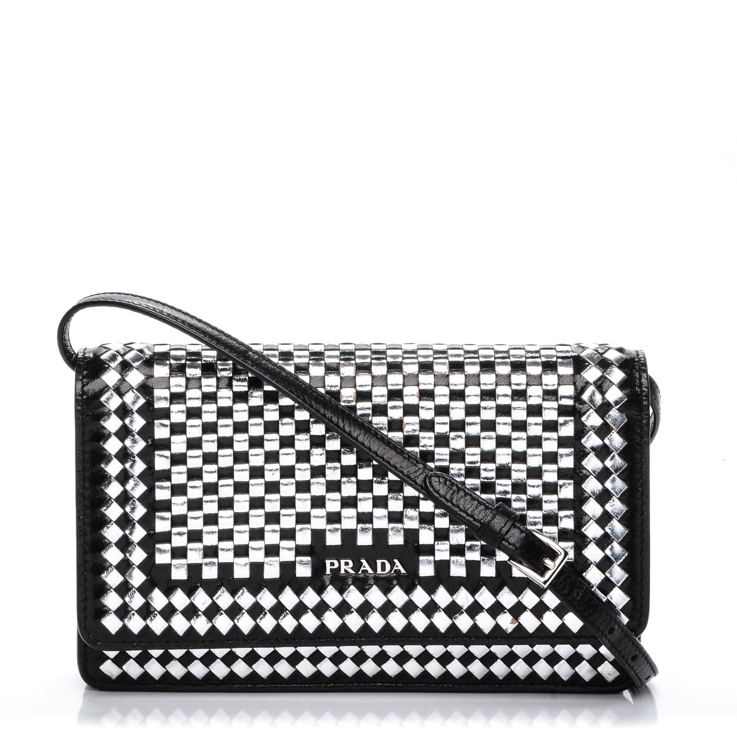 Prada Goatskin Woven Chain Wallet Black 1 of 6