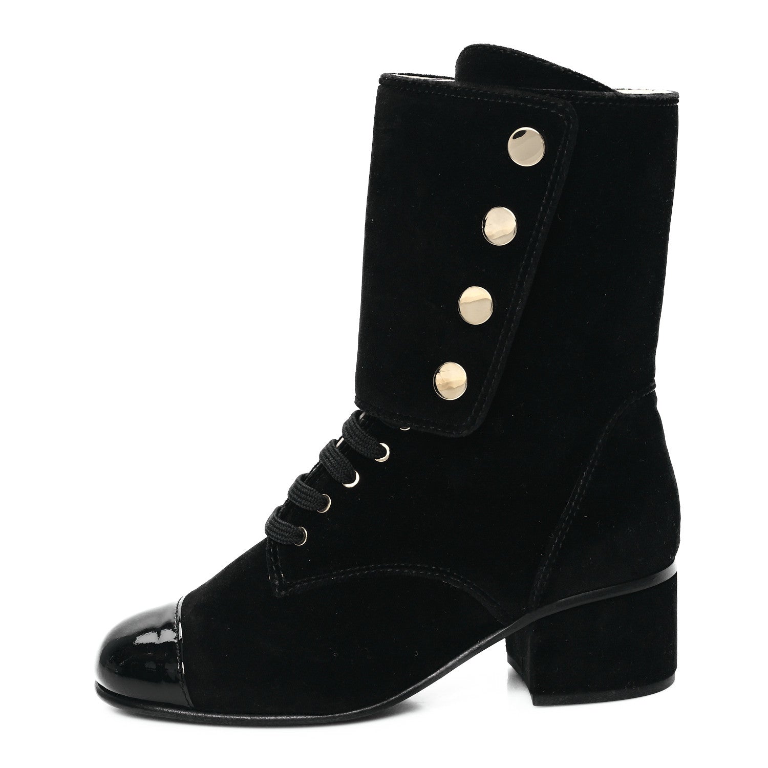 Chanel Velvet Patent Cap Toe CC Lace Up Boots 38.5 Black 2 of 9