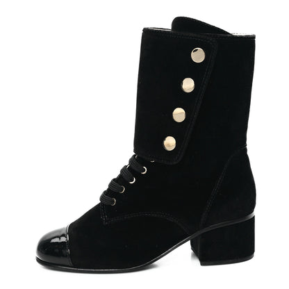 Chanel Velvet Patent Cap Toe CC Lace Up Boots 38.5 Black 2 of 9