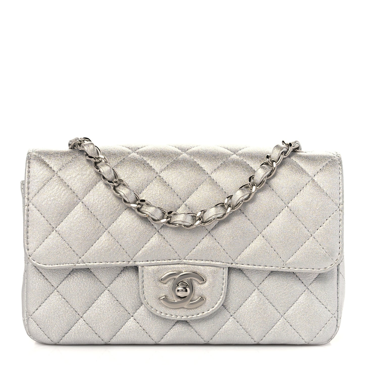 Metallic Lambskin Quilted Mini Rectangular Flap Silver