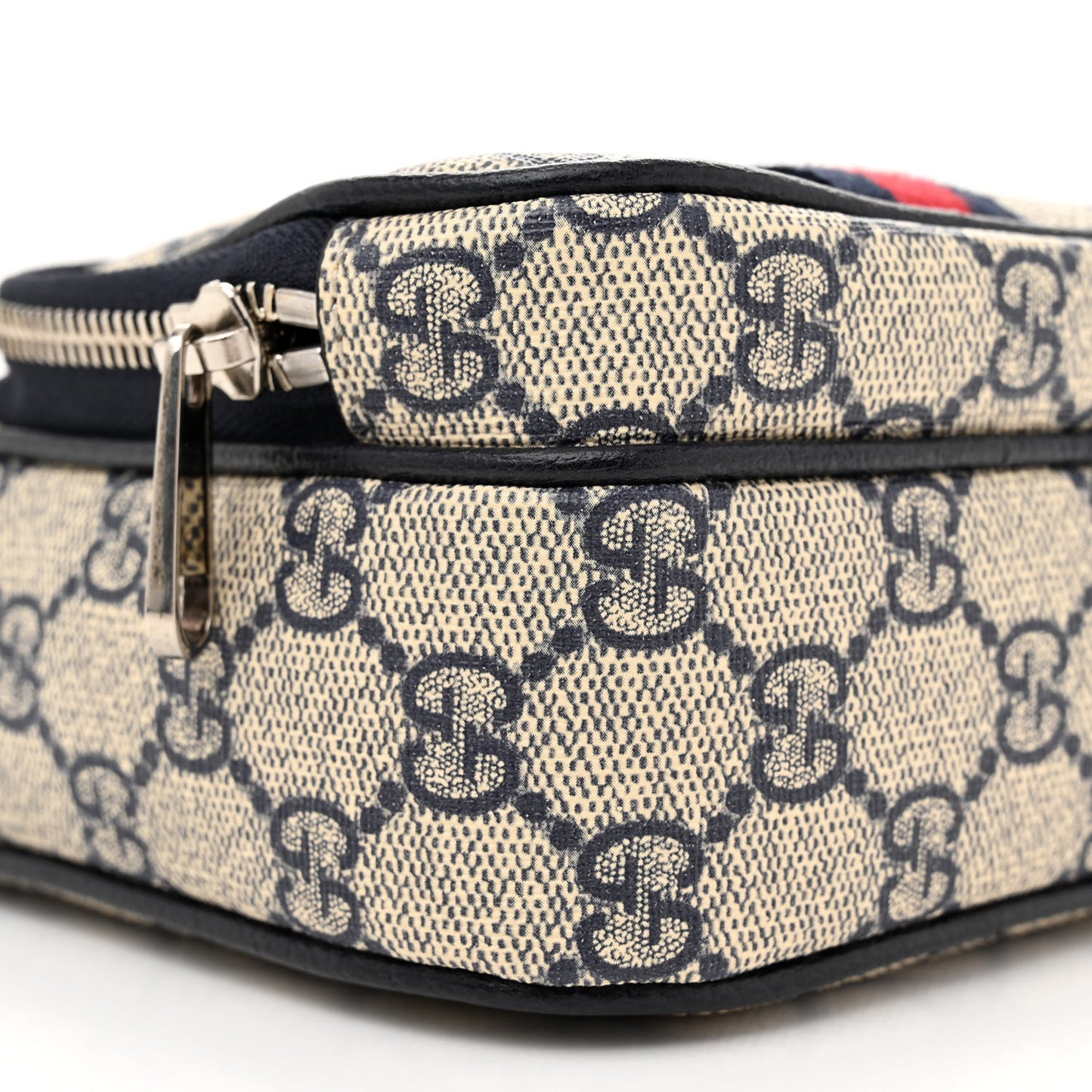 GG Supreme Monogram Textured Dollar Calfskin Web Mini Ophidia Double Zip Messenger Bag Beige Blue