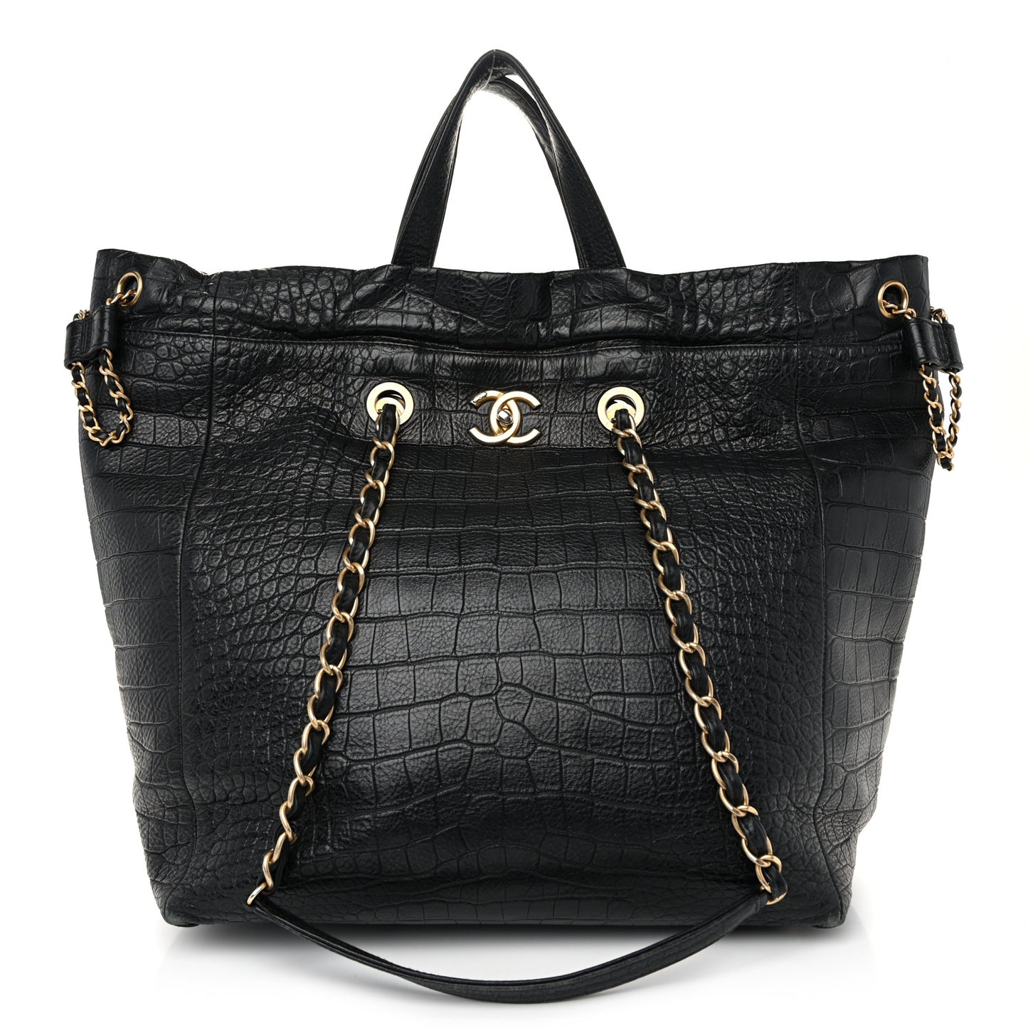 Calfskin Crocodile Embossed Large Cocodile Shopping Tote Black