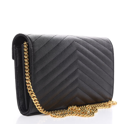 Saint Laurent Grain De Poudre Matelasse Chevron Monogram Chain Wallet Black 3 of 8