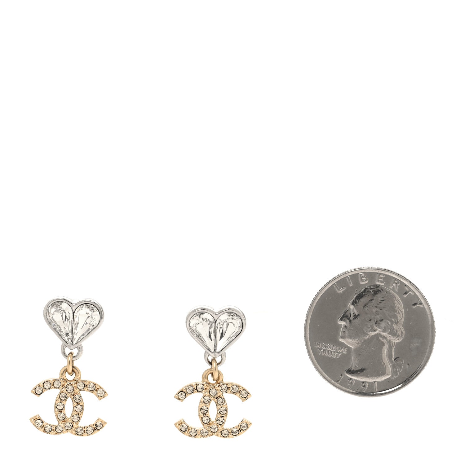 Chanel Crystal CC Heart Drop Earrings Gold Silver 2 of 5