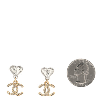 Chanel Crystal CC Heart Drop Earrings Gold Silver 2 of 5