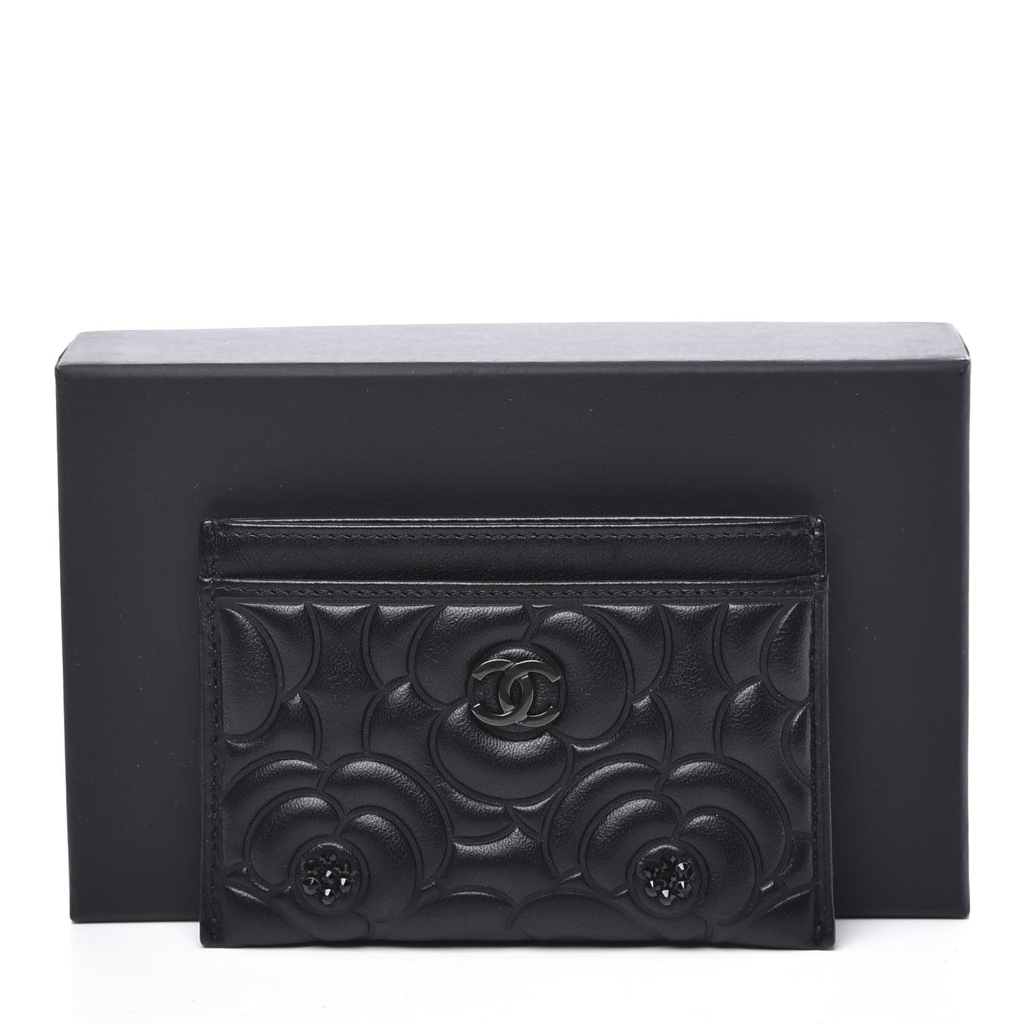 Lambskin Camellia Embossed Card Holder So Black
