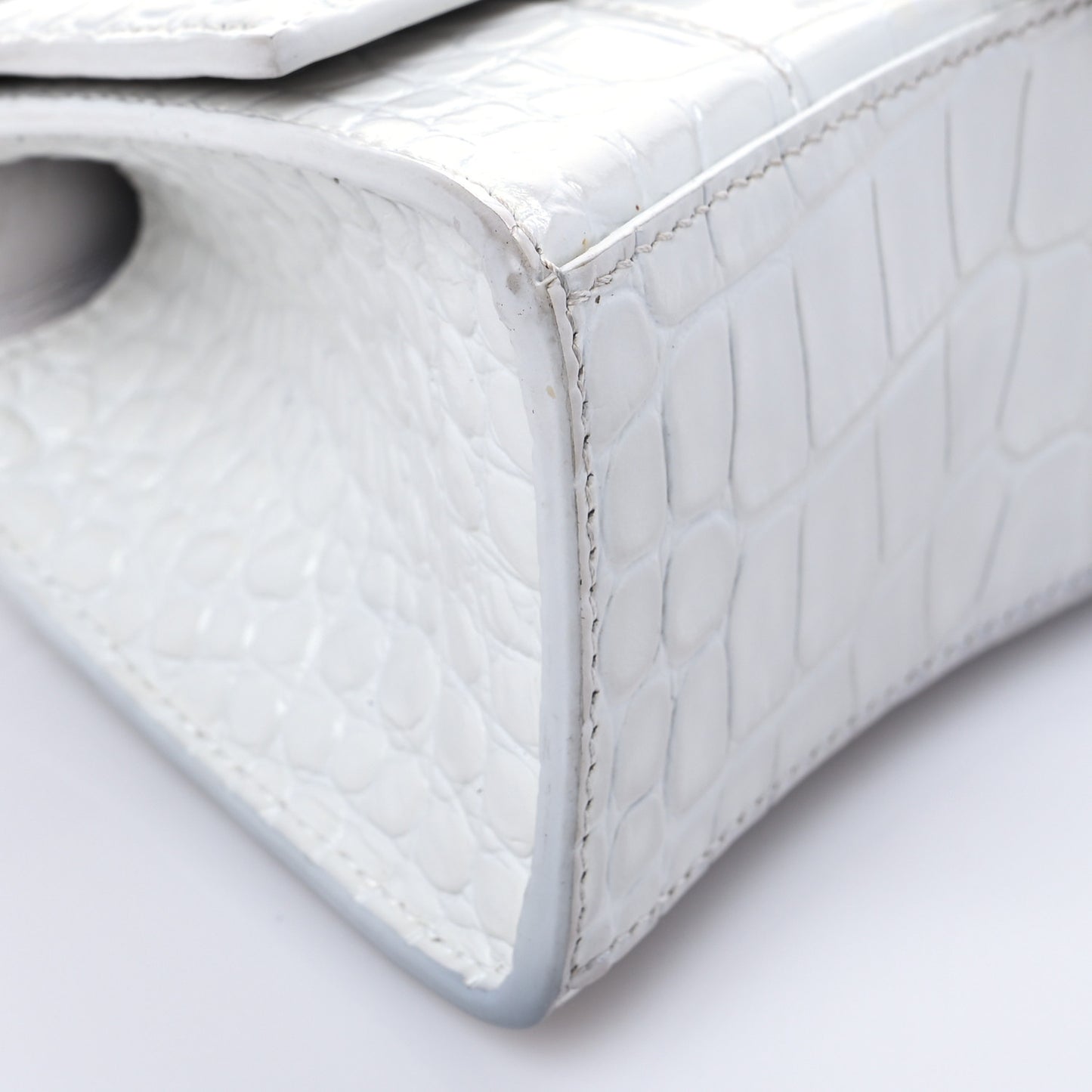 Shiny Calfskin Crocodile Embossed Hourglass Top Handle Bag XS White