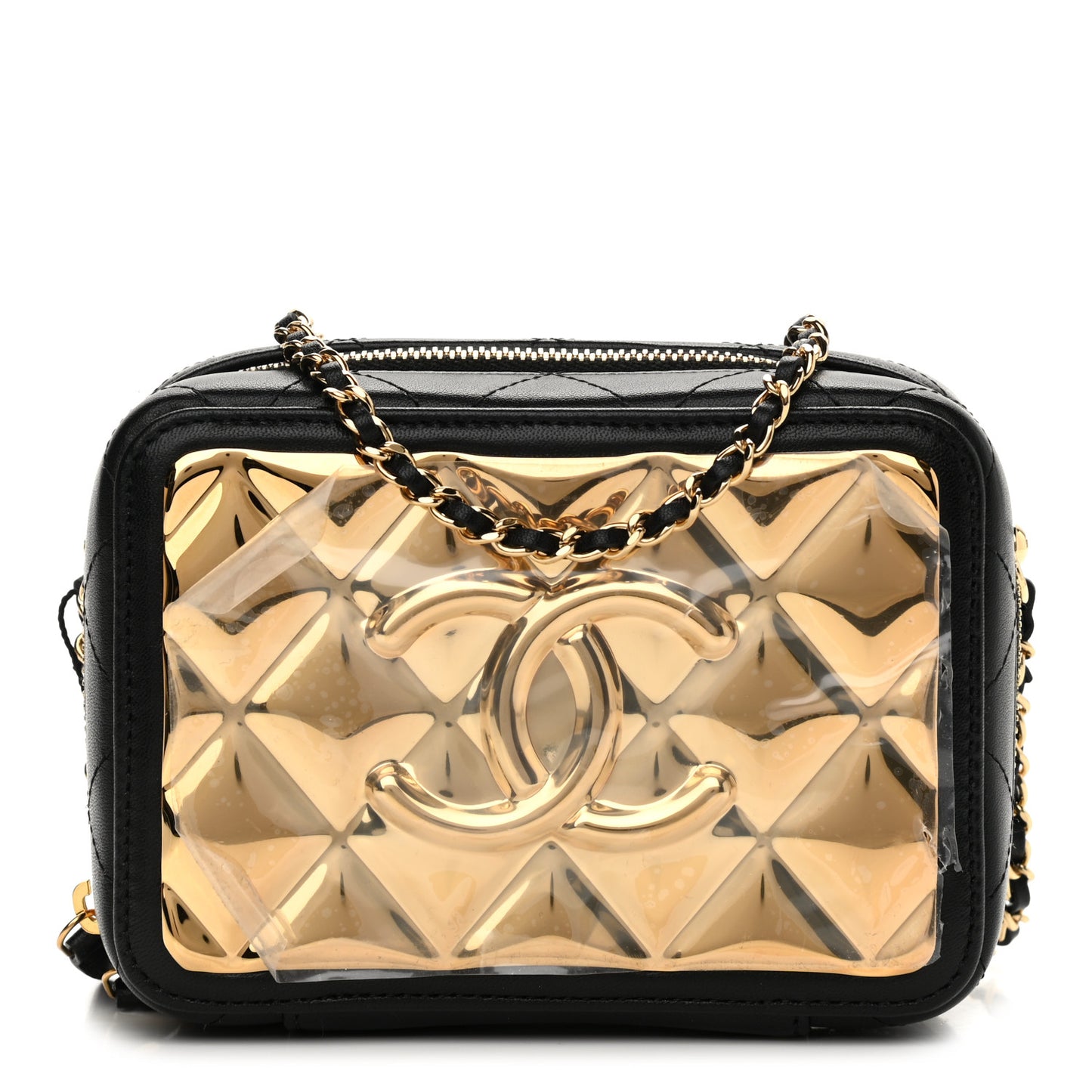 Lambskin Quilted Golden Plate Clutch With Chain Black