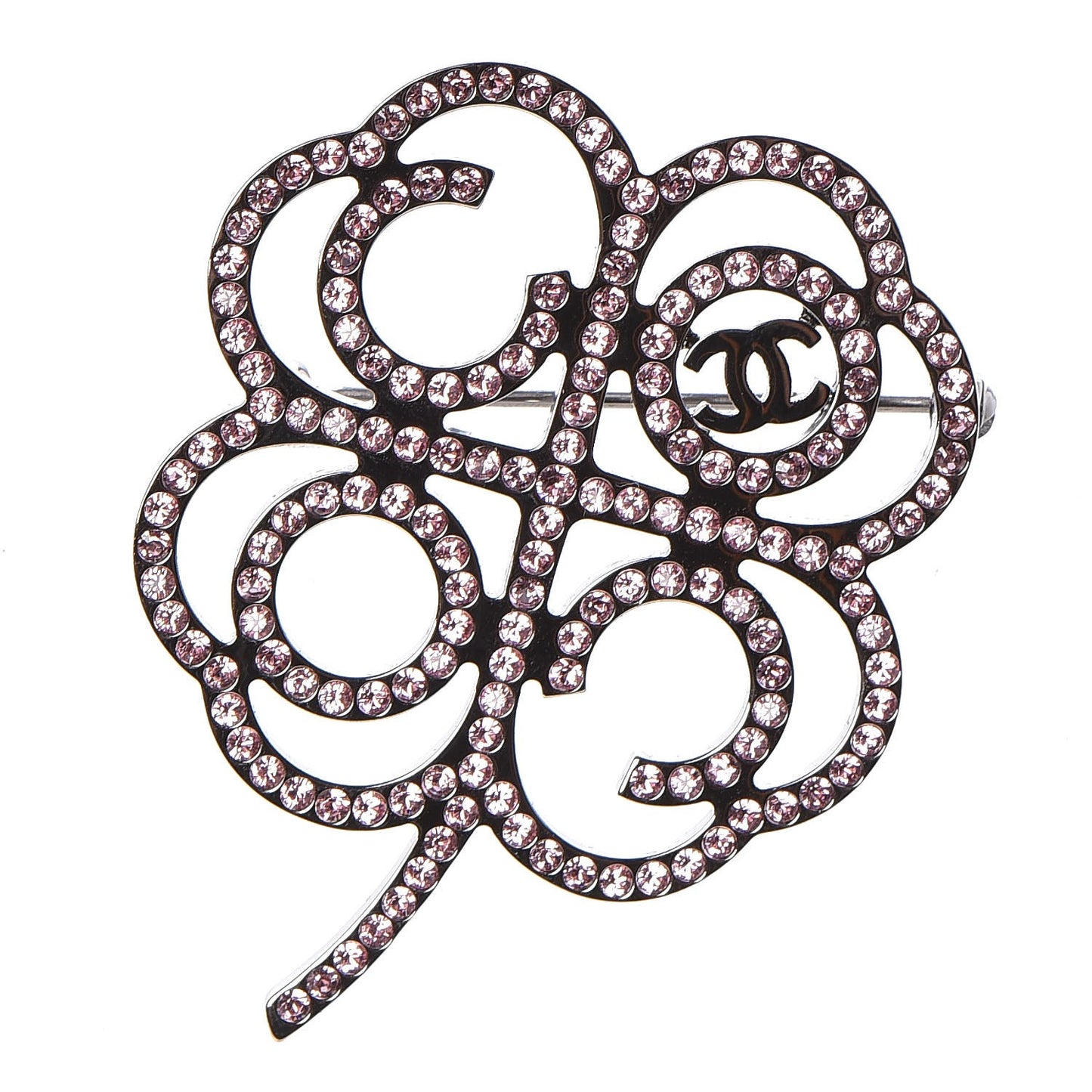 Metal Strass Clover CC Brooch Pink Ruthenium