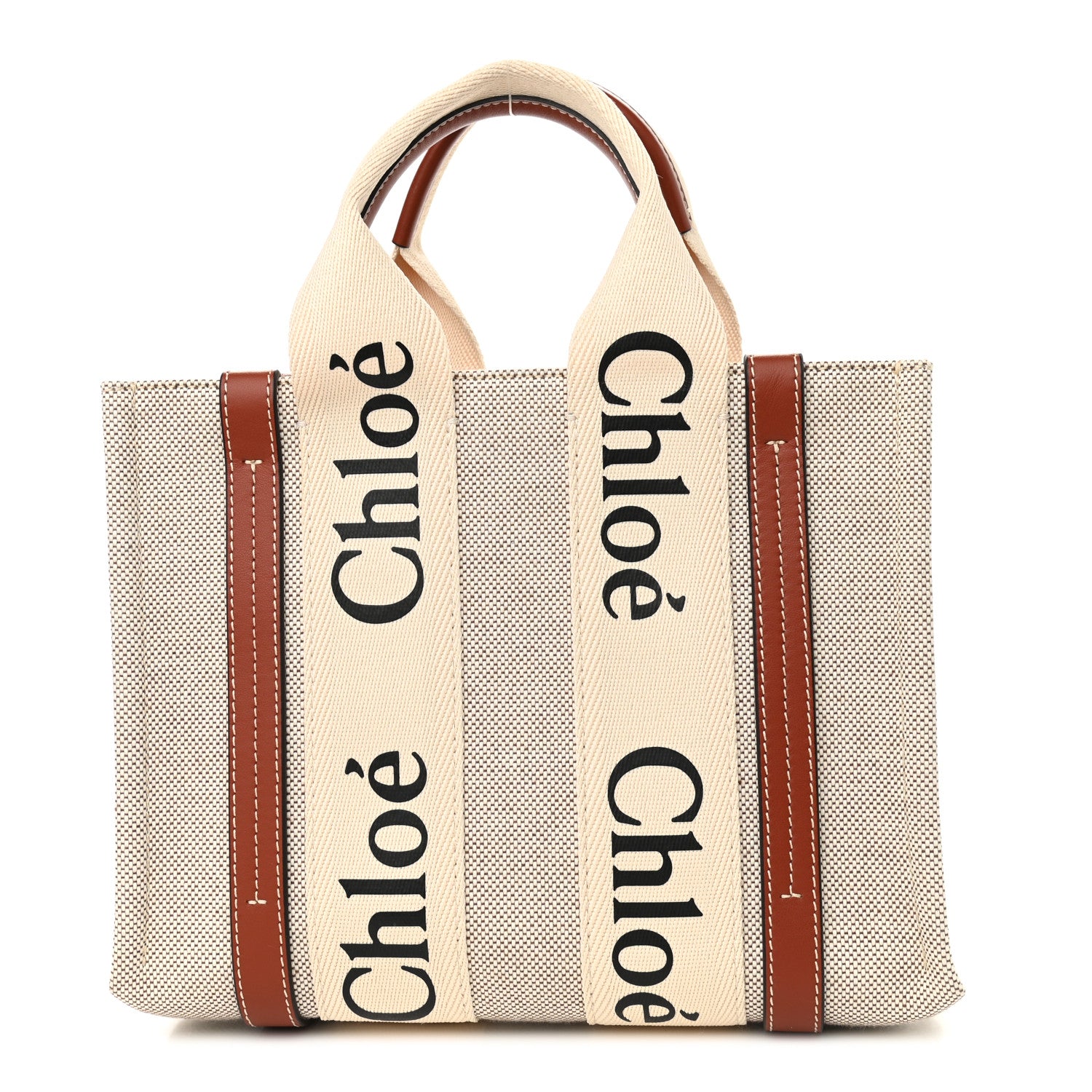 Chloe Cotton Calfskin Small Woody Ribbon Tote White Brown 1 of 9