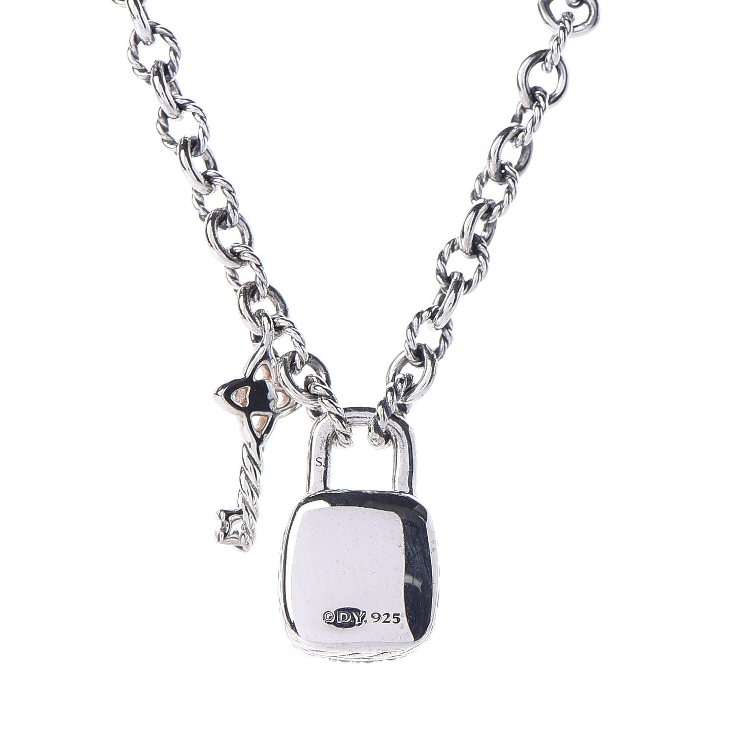 Sterling Silver Diamond Cable Collectibles Lock and Key Charm Pendant Necklace
