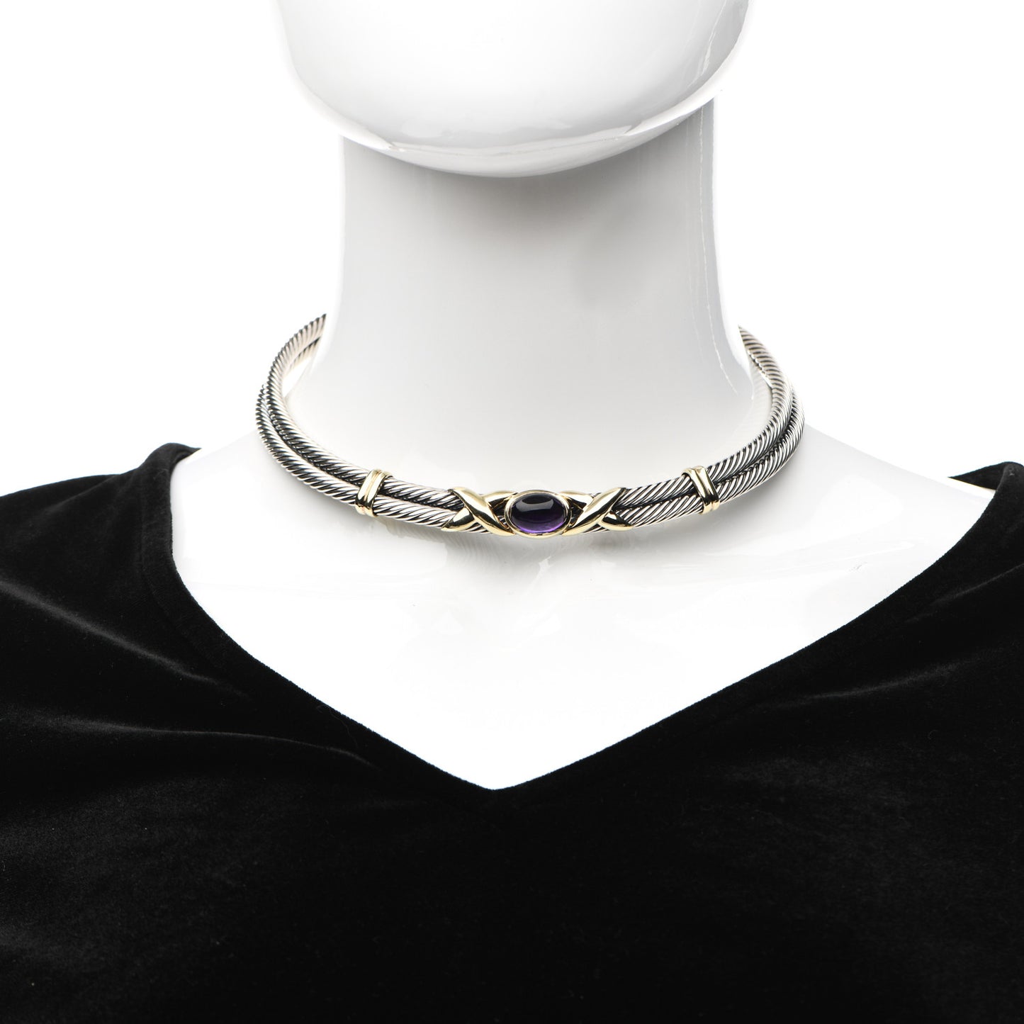 Sterling Silver 14K Yellow Gold Amethyst Cable Choker Necklace
